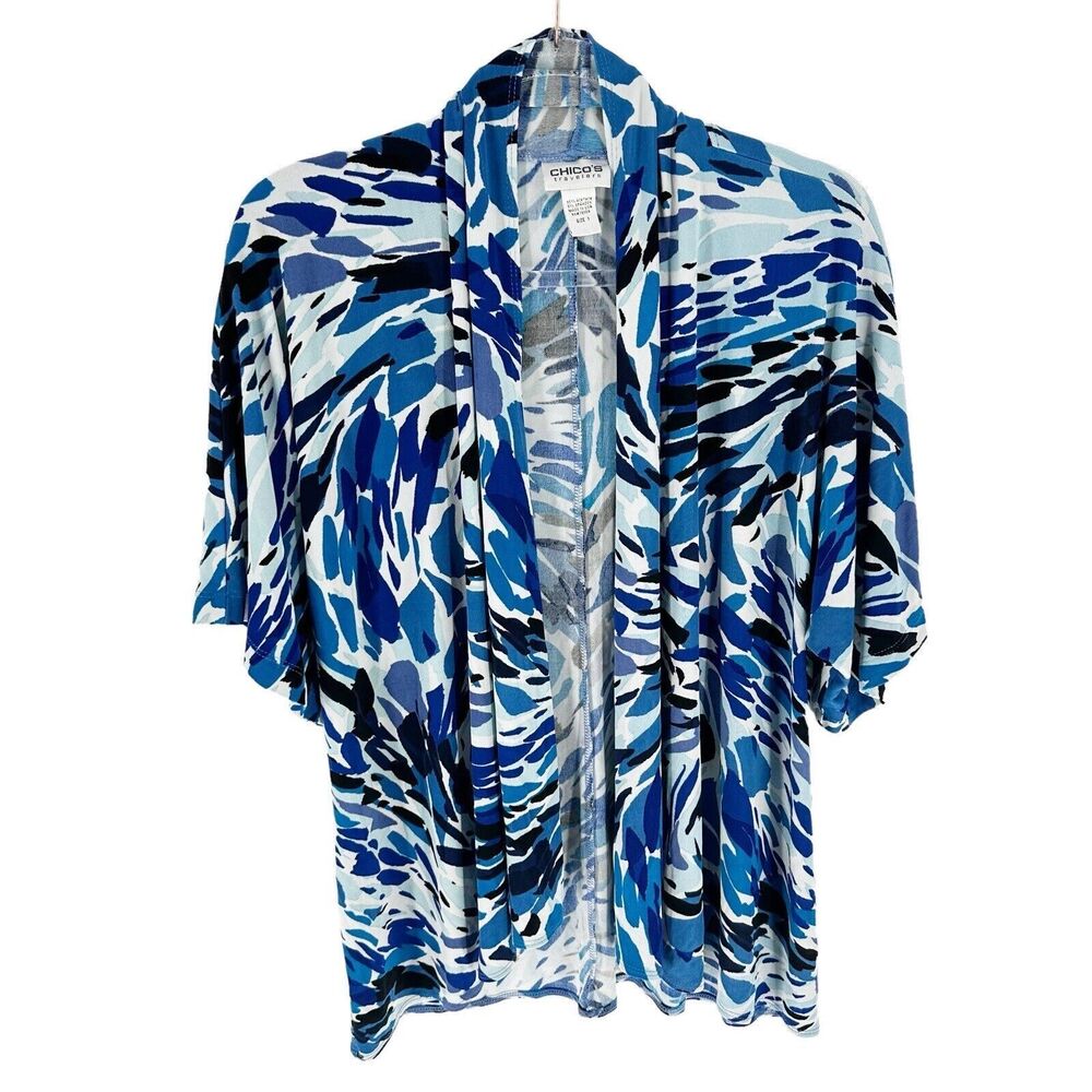 Chico's 1 Travelers Cardigan Womens Medium Blue Floral Open Front Packable